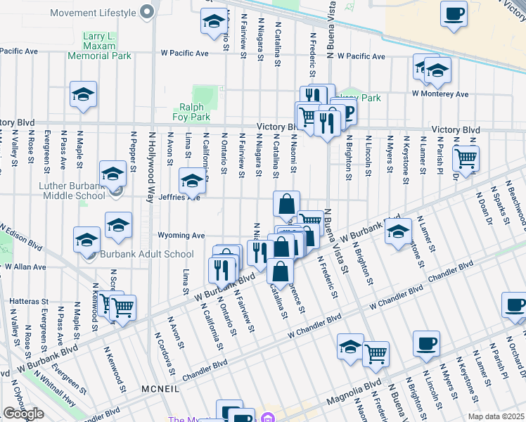 map of restaurants, bars, coffee shops, grocery stores, and more near 1436 North Niagara Street in Burbank