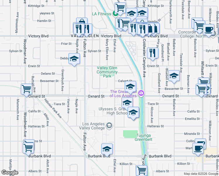 map of restaurants, bars, coffee shops, grocery stores, and more near 6034 Mary Ellen Avenue in Los Angeles