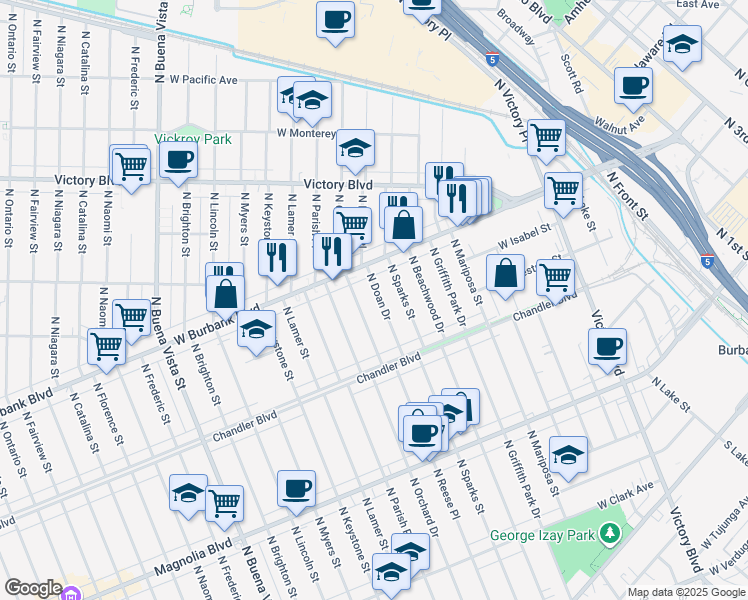 map of restaurants, bars, coffee shops, grocery stores, and more near 815 N Doan Dr in Burbank