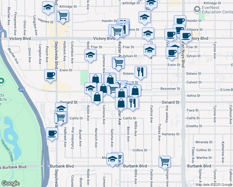 map of restaurants, bars, coffee shops, grocery stores, and more near 6031 Kester Avenue in Los Angeles
