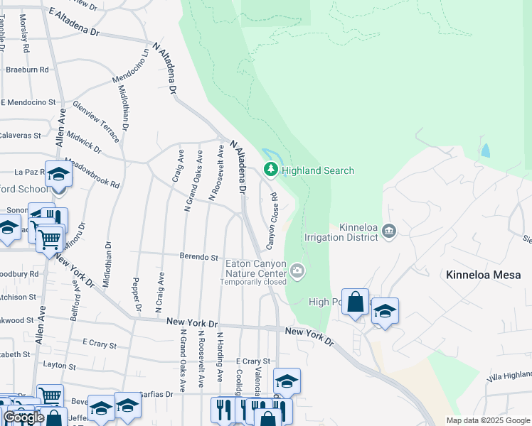map of restaurants, bars, coffee shops, grocery stores, and more near 1990 Fox Ridge Drive in Pasadena