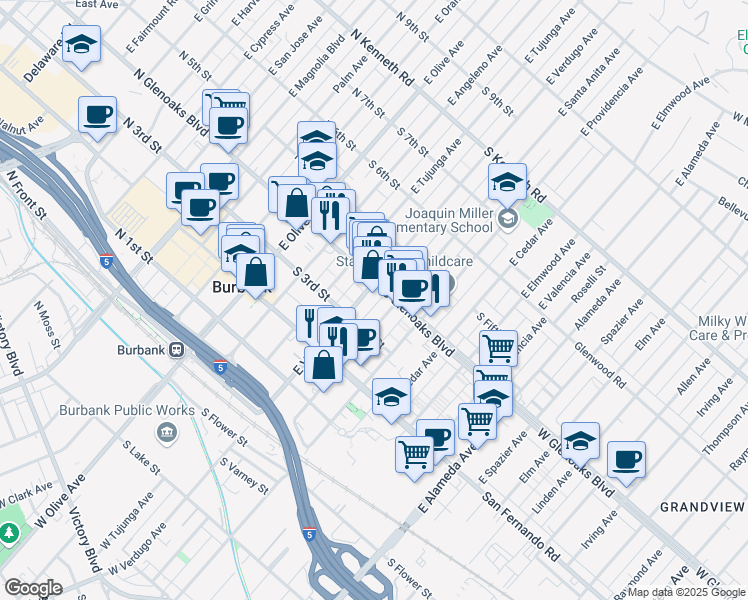 map of restaurants, bars, coffee shops, grocery stores, and more near 401 South Glenoaks Boulevard in Burbank