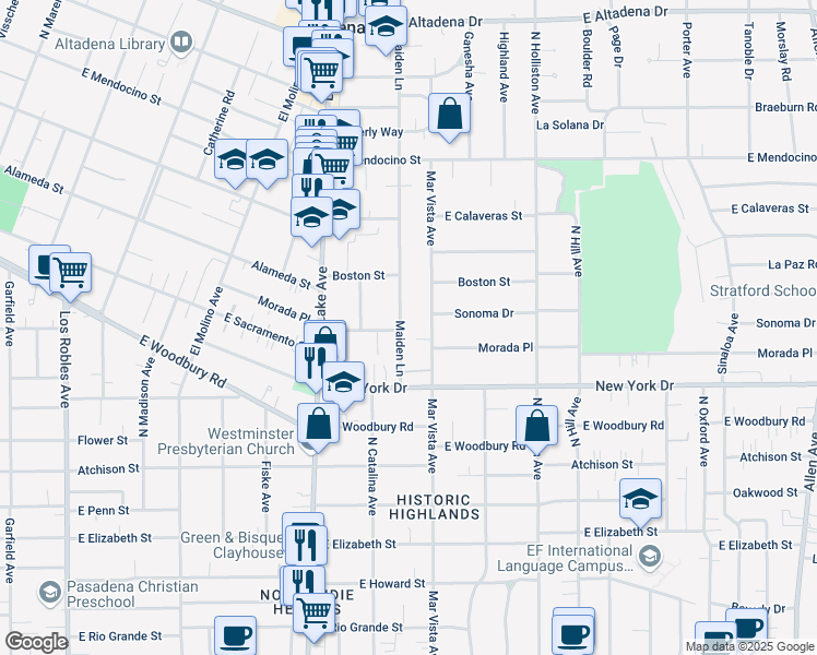 map of restaurants, bars, coffee shops, grocery stores, and more near 2012 Maiden Lane in Altadena