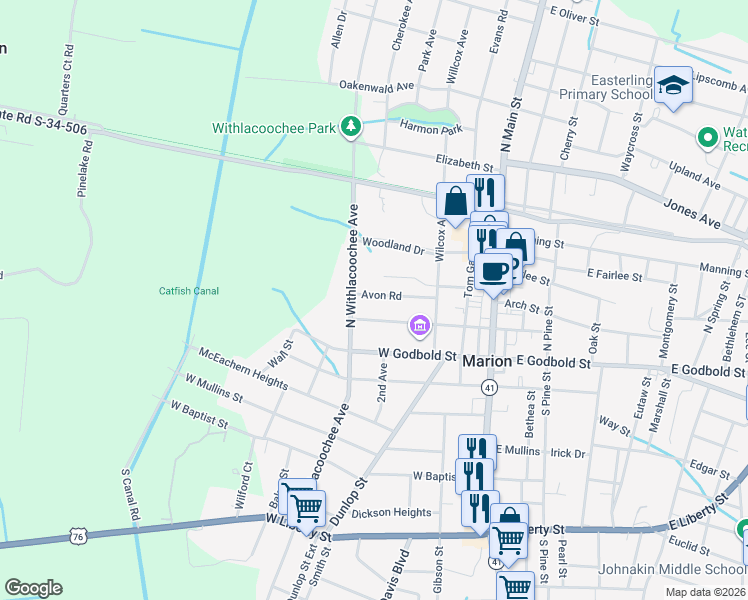 map of restaurants, bars, coffee shops, grocery stores, and more near 405 Avon Road in Marion
