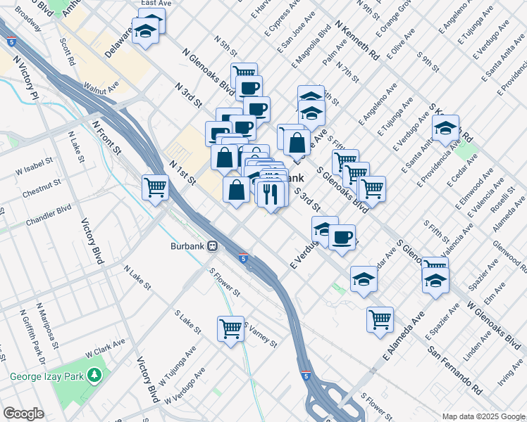 map of restaurants, bars, coffee shops, grocery stores, and more near 112 North San Fernando Boulevard in Burbank