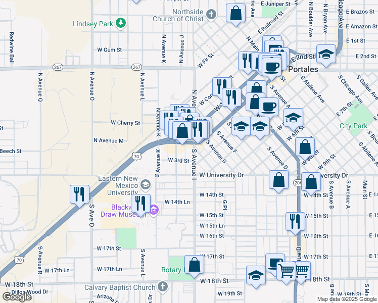 map of restaurants, bars, coffee shops, grocery stores, and more near 213 South Avenue H in Portales