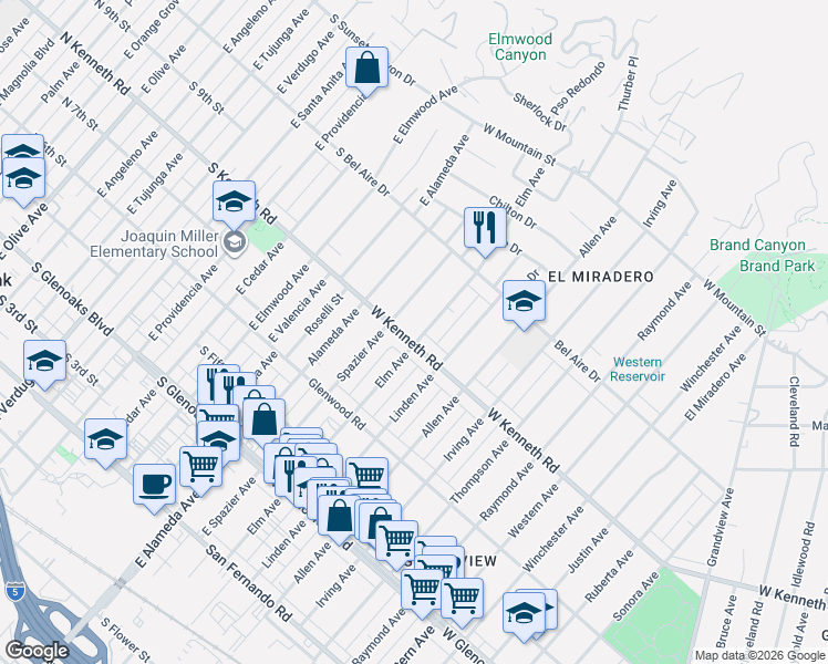 map of restaurants, bars, coffee shops, grocery stores, and more near 2007 West Kenneth Road in Glendale