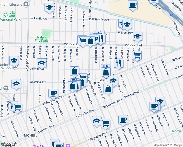 map of restaurants, bars, coffee shops, grocery stores, and more near 1332 North Buena Vista Street in Burbank