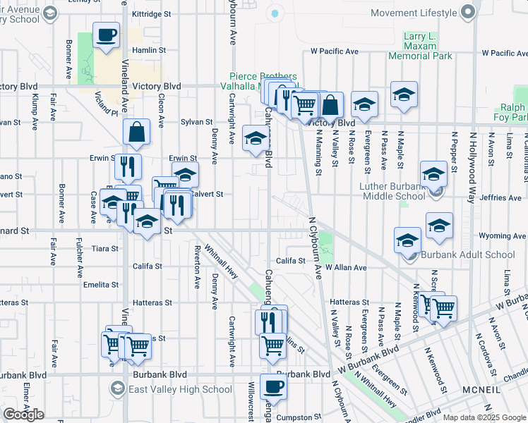 map of restaurants, bars, coffee shops, grocery stores, and more near 6037 Cahuenga Boulevard in Los Angeles