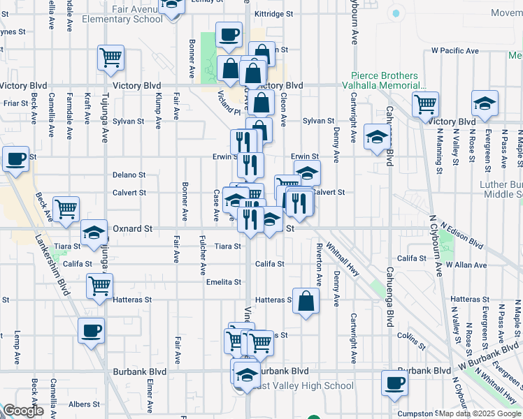 map of restaurants, bars, coffee shops, grocery stores, and more near 6039 Craner Avenue in Los Angeles