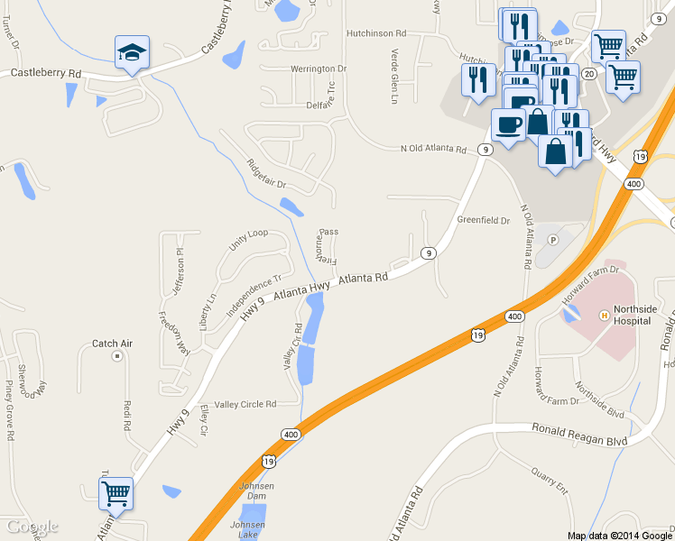 map of restaurants, bars, coffee shops, grocery stores, and more near 955 Firethorne Pass in Cumming