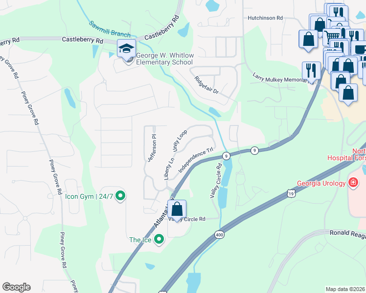 map of restaurants, bars, coffee shops, grocery stores, and more near 1840 Unity Loop in Cumming