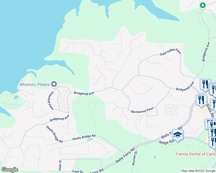 map of restaurants, bars, coffee shops, grocery stores, and more near 1081 Bridgemill Avenue in Canton