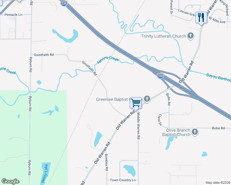 map of restaurants, bars, coffee shops, grocery stores, and more near 5000 Old Warren Road in Pine Bluff