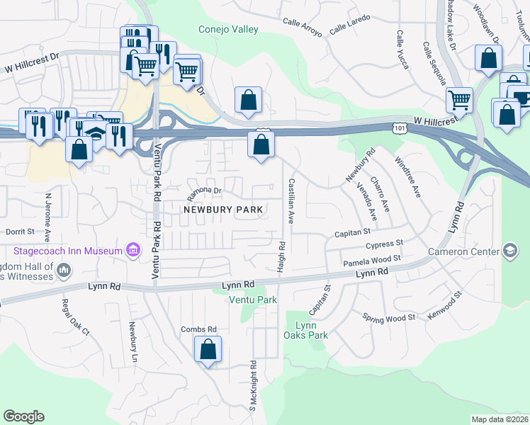map of restaurants, bars, coffee shops, grocery stores, and more near 1091 Amberton Lane in Thousand Oaks