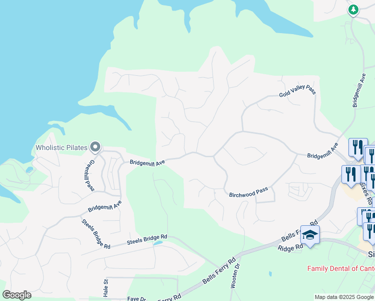 map of restaurants, bars, coffee shops, grocery stores, and more near 1081 Bridgemill Avenue in Canton