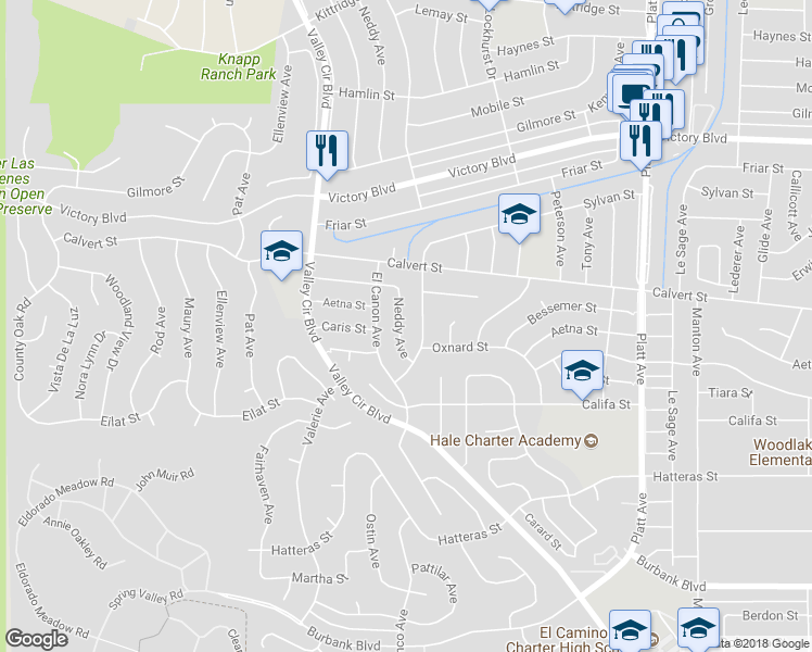 map of restaurants, bars, coffee shops, grocery stores, and more near 6020 Neddy Avenue in Los Angeles
