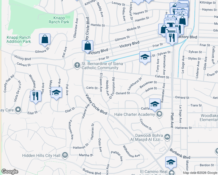 map of restaurants, bars, coffee shops, grocery stores, and more near 6020 Neddy Avenue in Los Angeles