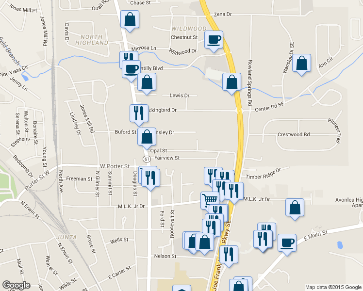 map of restaurants, bars, coffee shops, grocery stores, and more near 38 Opal Street in Cartersville