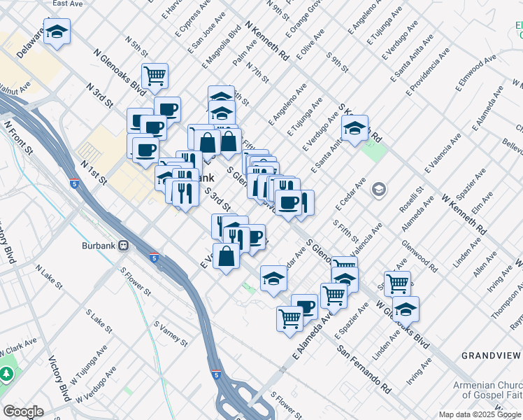 map of restaurants, bars, coffee shops, grocery stores, and more near 401 South Glenoaks Boulevard in Burbank