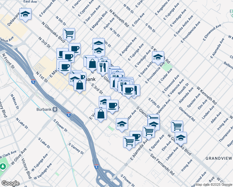 map of restaurants, bars, coffee shops, grocery stores, and more near 401 South Glenoaks Boulevard in Burbank
