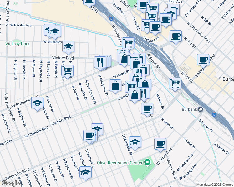 map of restaurants, bars, coffee shops, grocery stores, and more near 1104 Chestnut Street in Burbank