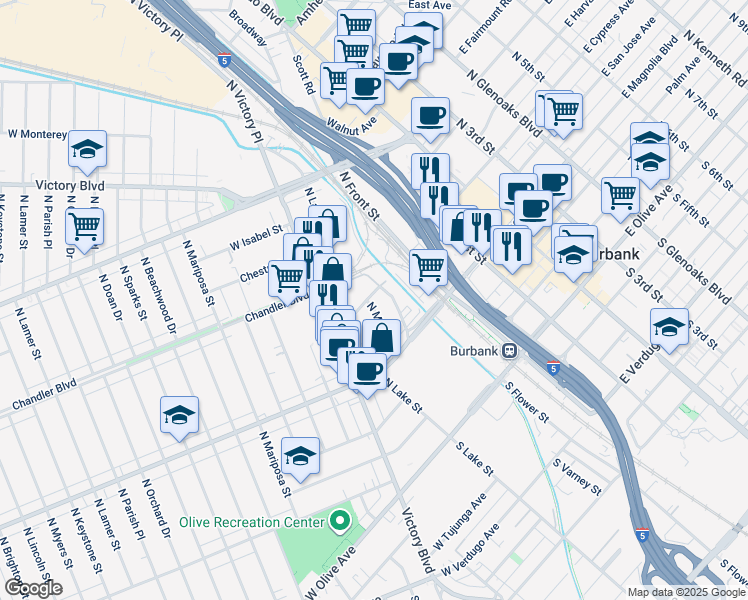 map of restaurants, bars, coffee shops, grocery stores, and more near 455 North Varney Street in Burbank