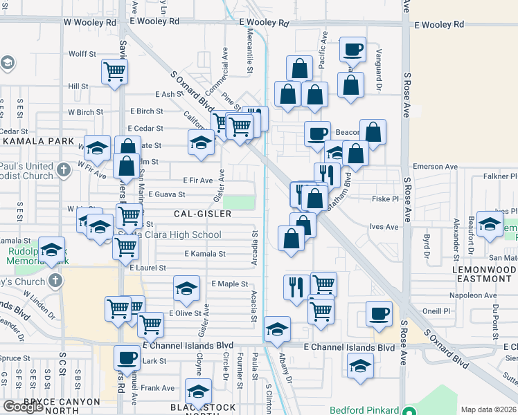 map of restaurants, bars, coffee shops, grocery stores, and more near 1928 Arcadia Street in Oxnard