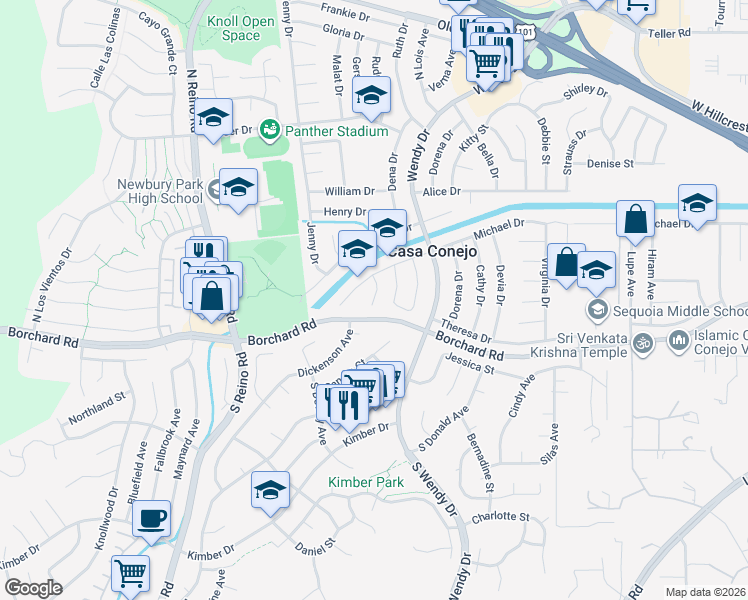 map of restaurants, bars, coffee shops, grocery stores, and more near 259 Cay Court in Ventura County