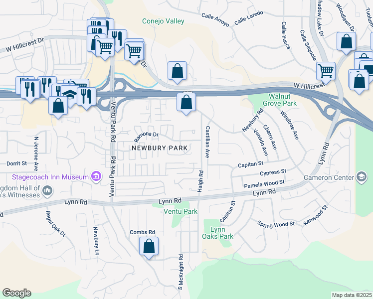 map of restaurants, bars, coffee shops, grocery stores, and more near 140 Windrose Drive in Thousand Oaks