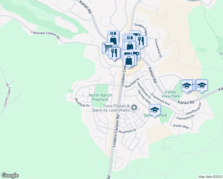 map of restaurants, bars, coffee shops, grocery stores, and more near 973 Westcreek Lane in Thousand Oaks
