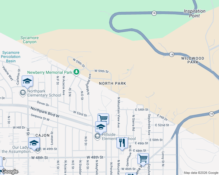 map of restaurants, bars, coffee shops, grocery stores, and more near 5706 North Pershing Avenue in San Bernardino