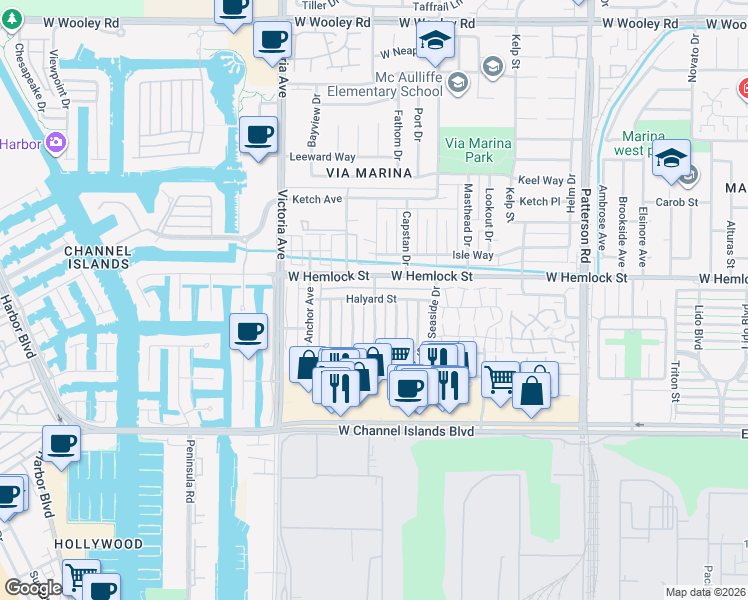 map of restaurants, bars, coffee shops, grocery stores, and more near Halyard Street in Port Hueneme