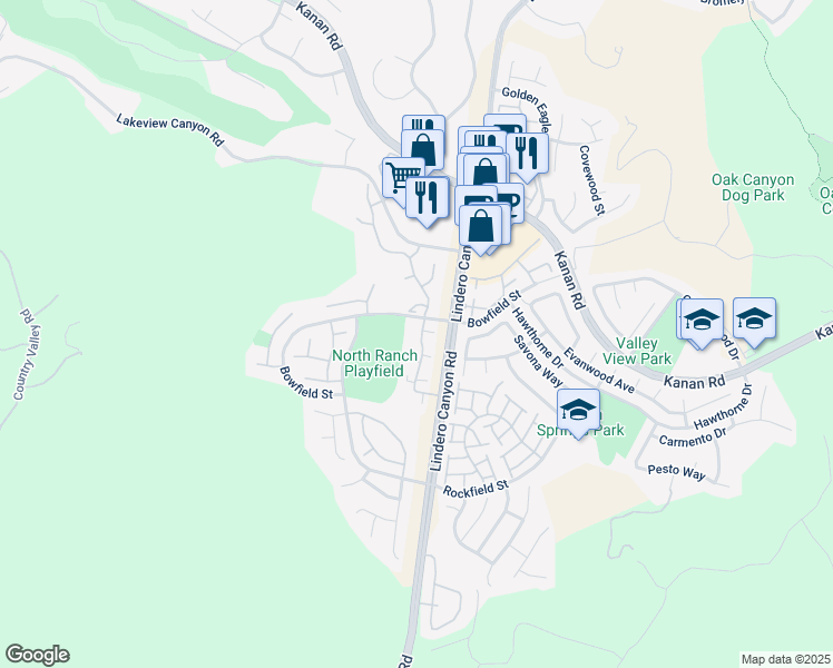 map of restaurants, bars, coffee shops, grocery stores, and more near 973 Westcreek Lane in Thousand Oaks