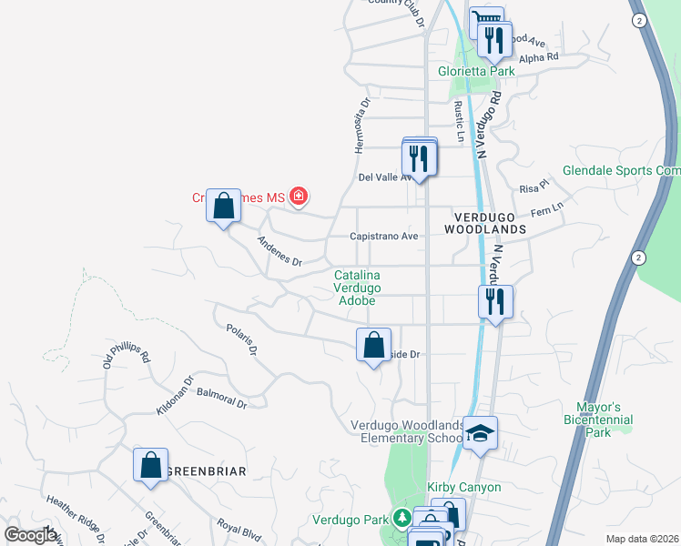 map of restaurants, bars, coffee shops, grocery stores, and more near 1520 Opechee Way in Glendale