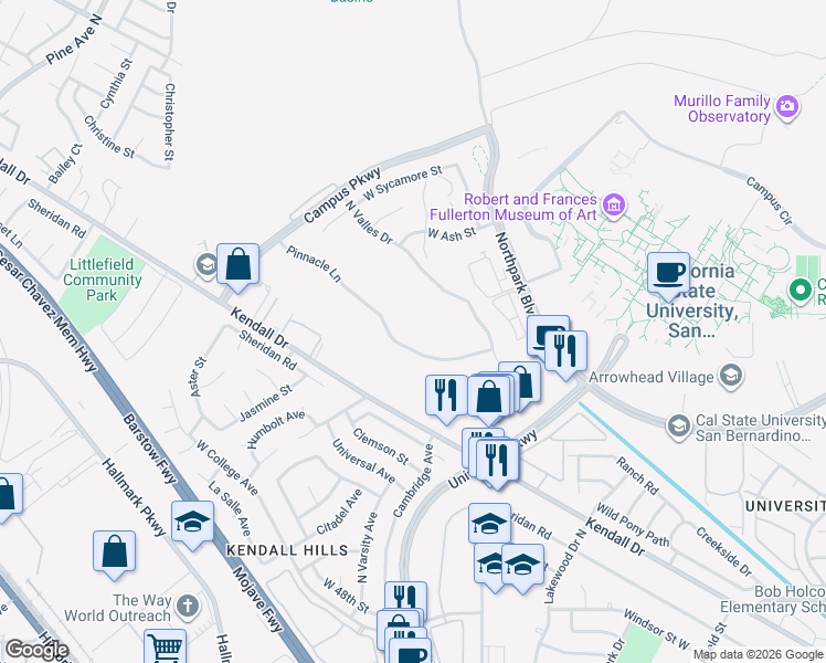 map of restaurants, bars, coffee shops, grocery stores, and more near 5461 Pinnacle Lane in San Bernardino