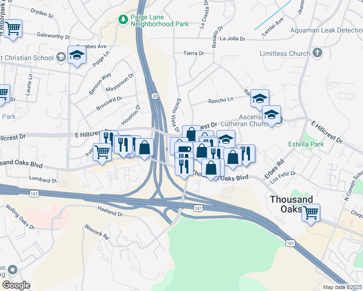map of restaurants, bars, coffee shops, grocery stores, and more near 151 North Rancho Road in Thousand Oaks