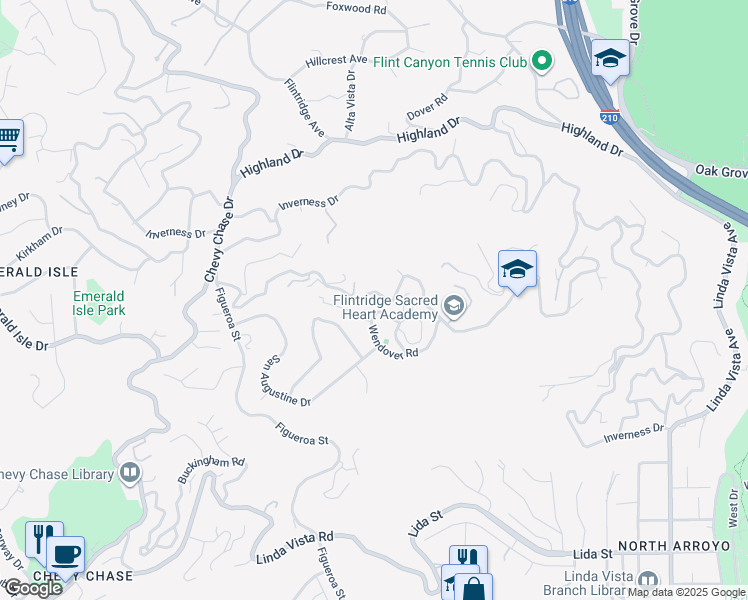 map of restaurants, bars, coffee shops, grocery stores, and more near 746 Saint Katherine Drive in La Cañada Flintridge