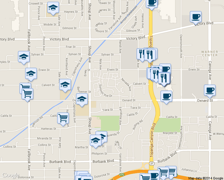map of restaurants, bars, coffee shops, grocery stores, and more near 22221 Summit Vue Lane in Los Angeles