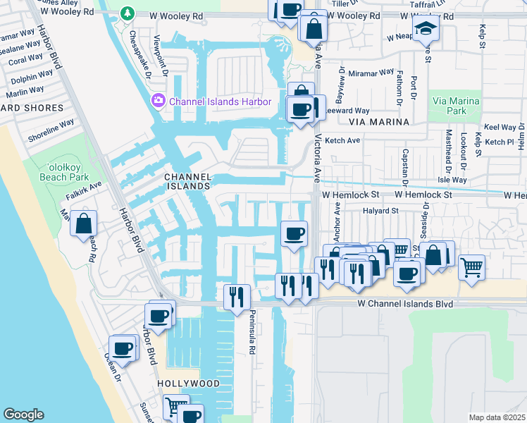 map of restaurants, bars, coffee shops, grocery stores, and more near 2045 Ravoli Drive in Oxnard