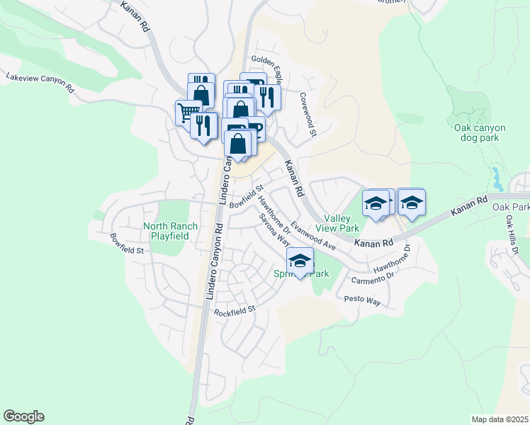 map of restaurants, bars, coffee shops, grocery stores, and more near 5042 Evanwood Avenue in Oak Park