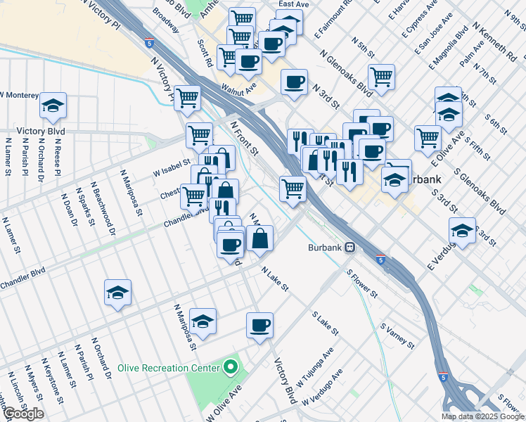 map of restaurants, bars, coffee shops, grocery stores, and more near 455 North Varney Street in Burbank