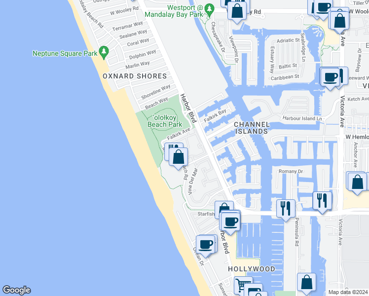 map of restaurants, bars, coffee shops, grocery stores, and more near 1992 San Tropez Circle in Oxnard