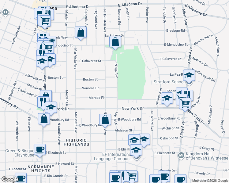 map of restaurants, bars, coffee shops, grocery stores, and more near 2031 North Hill Avenue in Altadena
