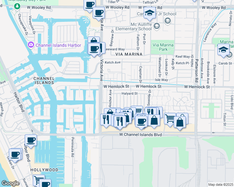 map of restaurants, bars, coffee shops, grocery stores, and more near Halyard Street & Yardarm Avenue in Port Hueneme
