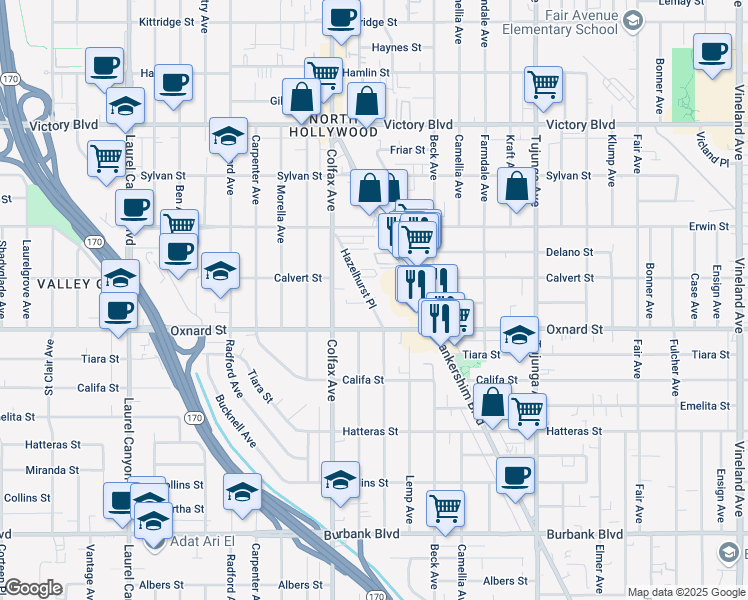 map of restaurants, bars, coffee shops, grocery stores, and more near 6036 Hazelhurst Place in Los Angeles