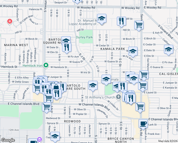 map of restaurants, bars, coffee shops, grocery stores, and more near 2048 South K Street in Oxnard