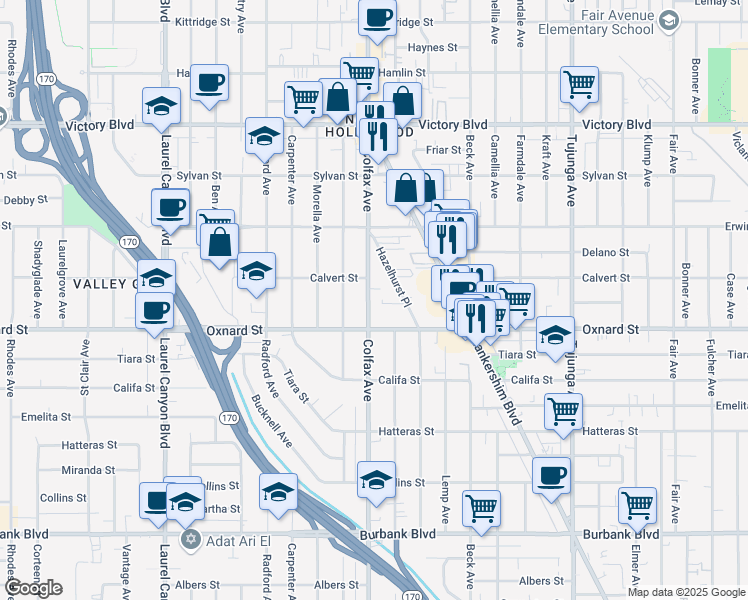 map of restaurants, bars, coffee shops, grocery stores, and more near 6036 Colfax Avenue in Los Angeles