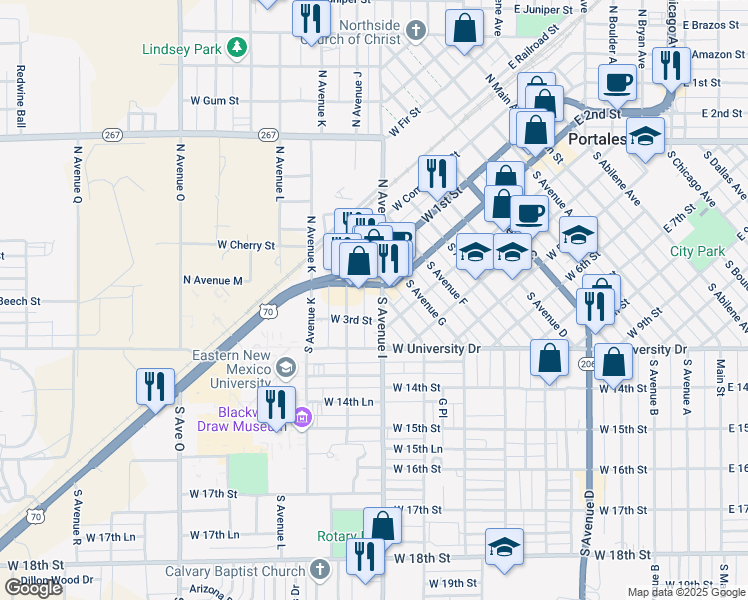 map of restaurants, bars, coffee shops, grocery stores, and more near 213 South Avenue H in Portales