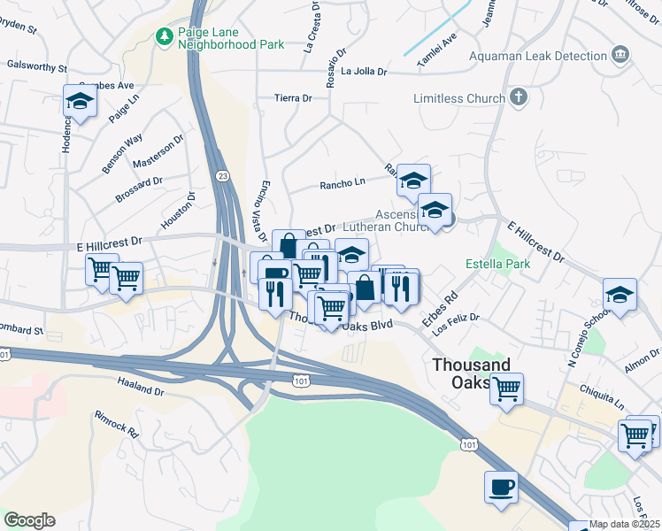 map of restaurants, bars, coffee shops, grocery stores, and more near 160 Gazania Court in Thousand Oaks